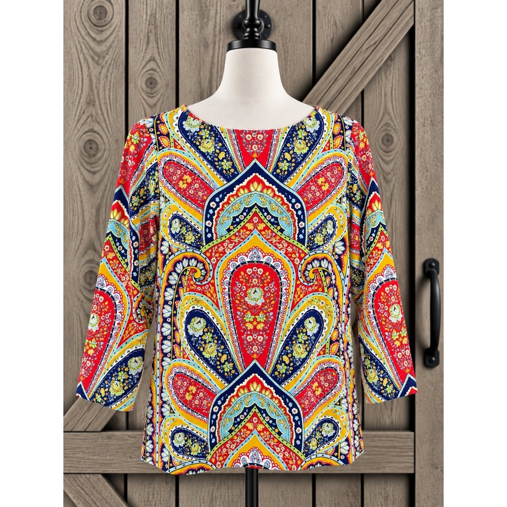 New J.McLaughlin Wavesong Top M Navy Red Gold Paisley 3/4 Slv Button Shoulder